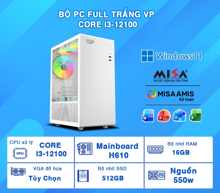 PC Văn phòng Core I3-12100/16/512